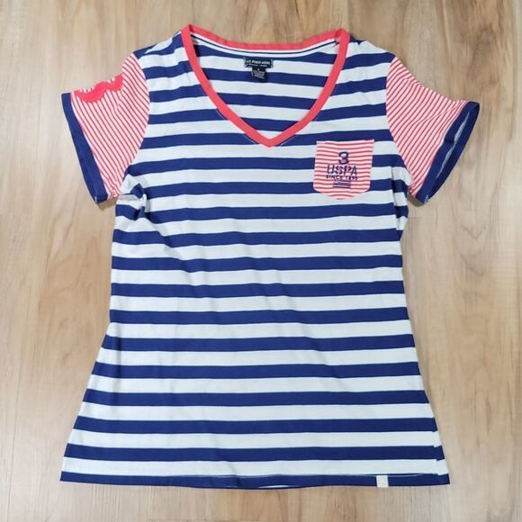 🔺️US Polo Assn Blue & White Stripe Vneck Short Sleeve Top Large - Picture 1 of 8